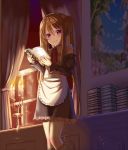  1girl blush book brown_hair candle curtains detached_sleeves holding maid maid_headdress myuseru_foaran nine_wangwang outbreak_company ribbon smile solo standing twintails violet_eyes window 