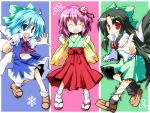  &gt;:d 3girls :d anklet black_hair blue_background blue_eyes blue_hair bow character_request cirno clenched_hands closed_eyes flower green_background hair_bow hair_flower hair_ornament ice japanese_clothes jewelry long_hair looking_at_viewer midriff multiple_girls navel open_mouth outstretched_hand parted_lips pink_background pointing purple_hair radiation_symbol red_eyes ribbon sandals short_hair skirt smile snowflakes sweatdrop tagme touhou very_long_hair wide_sleeves wings yuuhi_alpha 