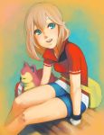  1girl ataruman bike_shorts blue_eyes gloves haruka_(pokemon) pokemon pokemon_(game) skitty smile 