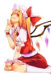  1girl blonde_hair bow fang flandre_scarlet hair_bow hat long_hair looking_at_viewer mister_rhino_(wangzisama1001) red_eyes side_ponytail simple_background sitting smile solo touhou wariza white_background white_legwear wings wrist_cuffs 