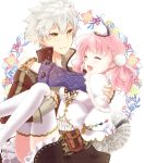  1boy 1girl atelier_(series) atelier_escha_&amp;_logy bracelet braid carrying closed_eyes escha_malier fingerless_gloves floral_background french_braid gloves hat jewelry kokuro logix_ficsario messy_hair pink_hair pom_pom_(clothes) princess_carry short_hair skirt smile tail thighhighs twintails white_hair white_legwear yellow_eyes 