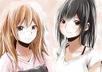  2girls black_hair blush bra_strap brown_eyes brown_hair bust grey_eyes long_hair looking_at_viewer multiple_girls original smile t-shirt u_u_(mooooooou) 