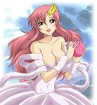  1girl bare_shoulders breasts cleavage clothed_navel clouds dress gundam gundam_seed hair_ornament hanzou haro lacus_clyne large_breasts long_hair pink_hair shawl sky smile solo violet_eyes 