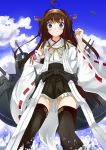  1girl ahoge airplane bare_shoulders blue_eyes blush brown_hair cannon detached_sleeves double_bun hair_ornament hairband headgear japanese_clothes kantai_collection kongou_(kantai_collection) long_hair nontraditional_miko personification skirt smile solo splashing thighhighs toritori_(yakitoriya) turret water 