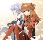  2girls ayanami_rei blue_hair bow breasts brown_hair feathers grey_eyes hair_bow highres kimijima0301 lavender_hair long_hair looking_at_viewer multiple_girls neon_genesis_evangelion open_mouth plugsuit rebuild_of_evangelion shikinami_asuka_langley sitting souryuu_asuka_langley two_side_up 