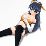  1girl bare_shoulders black_hair black_legwear blue_eyes bow breasts cleavage elbow_gloves ganaha_hibiki gggh123 gloves hair_bow idolmaster long_hair smile solo thigh-highs white_gloves 