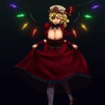  1girl alternate_costume birthmark black_background blonde_hair breasts cleavage cleavage_cutout crystal curtsey dress eyepatch fangs flandre_scarlet hair_bobbles hair_ornament huge_breasts older pantyhose puffy_sleeves red_eyes sekiyu_(spartan) short_hair side_ponytail smile solo star touhou wings 