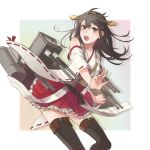  1girl ahoge black_hair black_legwear brown_eyes cannon detached_sleeves haruna_(kantai_collection) headgear japanese_clothes kantai_collection long_hair mecha_musume open_mouth personification pleated_skirt skirt soa solo thighhighs wide_sleeves 