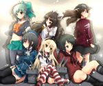  6+girls bangs black_gloves black_hair black_legwear black_panties blonde_hair blunt_bangs blush bow breasts brown_eyes brown_hair elbow_gloves garter_straps gloves grey_hair hair_bow hat highres hiyou_(kantai_collection) kantai_collection large_breasts long_hair mogami_(kantai_collection) multiple_girls natsu_(anta_tte_hitoha) naval_uniform navel panties pantyhose personification pleated_skirt ponytail red_eyes rensouhou-chan ryuujou_(kantai_collection) school_uniform serafuku shimakaze_(kantai_collection) short_hair short_ponytail short_sleeves shorts sitting skirt striped striped_legwear takao_(kantai_collection) thighhighs twintails underwear visor_cap white_gloves yuubari_(kantai_collection) 