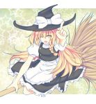  1girl ;d apron blonde_hair braid broom broom_riding cat&#039;s_hand hat kirisame_marisa long_hair open_mouth side_braid smile star starry_background touhou wink witch_hat 