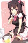  1girl apron ascot between_legs black_legwear bow bowtie brown_hair character_request chiyingzai cooking copyright_request hair_bow hand_between_legs heart ladle licking long_hair open_mouth original pink_eyes simple_background sitting solo thighhighs tongue two_side_up wariza whip zettai_ryouiki 