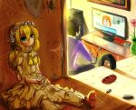  1boy against_wall ant bai_yemeng bell black_hair blonde_hair blue_eyes broken closet controller crying doll doll_joints flower game_controller hairband head_tilt highres jingle_bell layered_dress light lolita_hairband looking_up original pillbug ribbon short_hair sitting spider spider_web streaming_tears tears television torn_clothes vase 