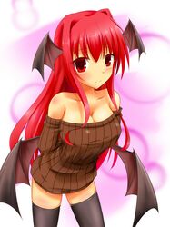  1girl arms_behind_back bat_wings black_legwear breasts cleavage collarbone head_wings highres koakuma large_breasts long_hair looking_at_viewer naked_sweater off_shoulder red_eyes redhead ribbed_sweater rody_(hayama_yuu) solo sweater thighhighs touhou very_long_hair wings zettai_ryouiki 