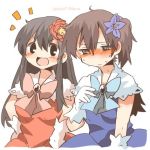  2girls akagi_(kantai_collection) alternate_costume black_eyes blush bow brown_hair flower kaga_(kantai_collection) kantai_collection long_hair lowres multiple_girls open_mouth rebecca_(keinelove) short_hair side_ponytail smile sweat 