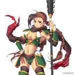  1girl armor boots braid breasts brown_hair cleavage detached_sleeves hand_on_hip hiiro_(kikokico) large_breasts long_hair midriff navel red_eyes sangoku_infinity scarf solo thigh_boots thighhighs twin_braids very_long_hair weapon 