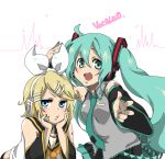  :t ahoge aqua_eyes aqua_hair bad_id blonde_hair blue_eyes detached_sleeves hair_ribbon hands hatsune_miku kagamine_rin long_hair multiple_girls necktie ribbon short_hair twintails vocaloid witmepql 