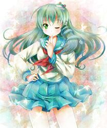  bad_id frog green_eyes green_hair hair_ornament kochiya_sanae long_hair michii_yuuki school_uniform skirt snake solo touhou wink 