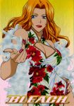  blue_eyes breasts china_dress chinese_clothes cleavage cleavage_cutout feather_boa feathers floral_print hand_on_hip highres large_breasts lipstick long_hair matsumoto_rangiku mole nail_polish orange_hair 