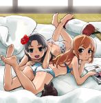  arm_support ass bad_id barefoot bed black_hair book brown_hair feet flat_chest green_eyes loli long_hair lying on_stomach open_mouth original panties pillow pout sasaki_toshiyuki sketch striped striped_panties underwear 