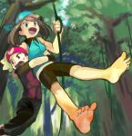  1boy 1girl bandana barefoot fang feet hat jungle kaeru_touritsu nature odamaki_sapphire pokemon pokemon_special ruby_(pokemon) vine vines 