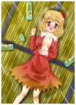  aki_shizuha blonde_hair blush bottle breasts cleavage drunk hair_ornament leaf leaves lying no_bra on_back open_clothes open_mouth open_shirt pink_eyes red_eyes shirt skirt solo suzuka_tamuro touhou 