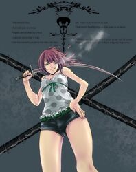  engrish hajim hand_on_hip hotpants original polka_dot ranguage short_shorts shorts smoking solo sword weapon 