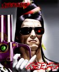  bayonetta bayonetta_(character) black_hair crossdressinging douganebuibui gloves glowing glowing_eye glowing_eyes gun handgun manly parody pinky_out pistol solo sunglasses t-800 terminator translated weapon 