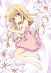  1girl barefoot blonde_hair blush dress flower long_hair lying on_side original otoneha solo violet_eyes wings 