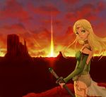  ass blonde_hair celes_chere choker earrings final_fantasy final_fantasy_vi gloves green_eyes jewelry leotard long_hair looking_back see-through sun sunset sword th_bluerose thigh-highs tiara 