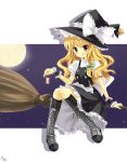  apple apple_core bad_apple!! blonde_hair boots bow broom broom_riding cross-laced_footwear duplicate food fruit full_moon hair_bow hat kirisame_marisa lace-up_boots long_hair moon moorina tongue touhou witch witch_hat wrist_cuffs yellow_eyes 