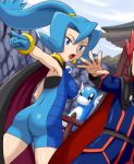  1boy 1girl blue blue_eyes blue_hair bodysuit cape dratini gym_leader hair ibuki_(pokemon) latex latex_gloves pokemoa pokemon pokemon_(creature) pokemon_(game) pokemon_gsc skin_tight wataru_(pokemon) 