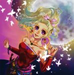  cape cotton_candy_(artist) earrings elbow_gloves final_fantasy final_fantasy_vi flower flower_petals gloves green_hair jewelry looking_up moon ponytail ribbon sword tina_branford violet_eyes 