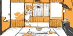  animal_ears bad_id cat_ears chen chibi comic food fox_ears fox_tail fruit gap kawanabe multiple_tails naked_towel orange orange_(color) short_hair silent_comic table tail touhou towel yakumo_ran 