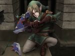  battle blonde_hair blood boots cap link pantyhose pointy_ears shield sword the_legend_of_zelda torn_clothes tunic 