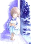  blush brown_eyes brown_hair feet hagiwara_yukiho hands idolmaster leg_hug pajamas short_hair sitting snow 