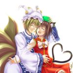  bad_id blonde_hair brown_hair cat_ears cat_tail chen earrings fang fox_tail hat heart heart_tail hinami_(hinatamizu) hug jewelry multiple_tails short_hair tail tears touhou two_tails yakumo_ran 