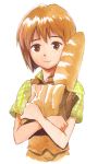  baguette bread brown_eyes brown_hair drill food hagiwara_yukiho hirokazu idolmaster smile striped vest 