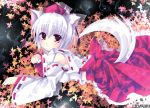  animal_ears detached_sleeves hat inubashiri_momiji leaf leaves maple_leaf paw_pose pupu red_eyes short_hair silver_hair solo tail tokin_hat touhou wolf_ears wolf_tail 