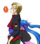  blonde_hair blue_hair blush child glasses hug jacket klan_klein long_hair macross macross_frontier mikhail_buran mizu_no_karuki pointy_ears very_long_hair 