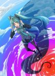  69_(piapro) aqua_hair closed_eyes cloud clouds detached_sleeves from_above hands_on_headphones hatsune_miku headphones headset legs long_hair necktie skirt sky smile solo star thigh-highs thighhighs twintails very_long_hair vocaloid zettai_ryouiki 