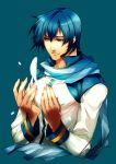 blue_eyes blue_hair hands hiryuu kaito male scarf simple_background smile solo vocaloid 