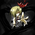  blonde_hair darkness foreshortening hair_over_one_eye hair_ribbon hands nikke red_eyes ribbon rumia short_hair solo touhou 