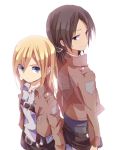  2girls back-to-back black_hair blonde_hair christa_renz jacket kokoko013 light_smile multiple_girls serious shingeki_no_kyojin short_hair side_glance uniform white_background ymir_(shingeki_no_kyojin) 