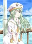  aria blue_eyes green_hair hand_cream hat long_hair ocean open_mouth pole railing sky solo uniform 