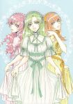  crossdressing dress green_hair kouno_tooru long_hair orange_hair pink_hair princess_princess shihoudani_yuujirou trap tsuda_mikiyo yutaka_mikoto 