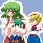  antenna antennae ascot blonde_hair blue_background blue_eyes blush blush_stickers breasts character_doll chin_rest chyaramu doll green_eyes green_hair hairband hug kazami_yuuka large_breasts plaid plaid_skirt plaid_vest red_eyes short_hair skirt skirt_set smile smirk touhou wriggle_nightbug 