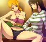  bare_shoulders black_hair bracelet brown_eyes denim denim_shorts glasses hairu halter_top halterneck jewelry long_hair multiple_girls nami navel necklace nico_robin one_piece one_piece:_strong_world ponytail shirt short_twintails shorts sitting spread_legs striped striped_shirt sweater_dress twintails 