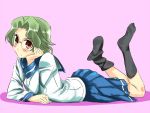  green_hair on_stomach saki school_uniform someya_mako 