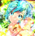  bare_shoulders blue_hair bow cirno colorful face food fruit hands neck_ribbon reri ribbon ribbon_choker smile snowflakes touhou 