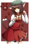  animal_ears bad_id brown_eyes brown_hair cat_ears cat_tail chen earrings hat heart heart_tail jewelry lion_nicole multiple_tails paw_pose short_hair tail touhou wink 